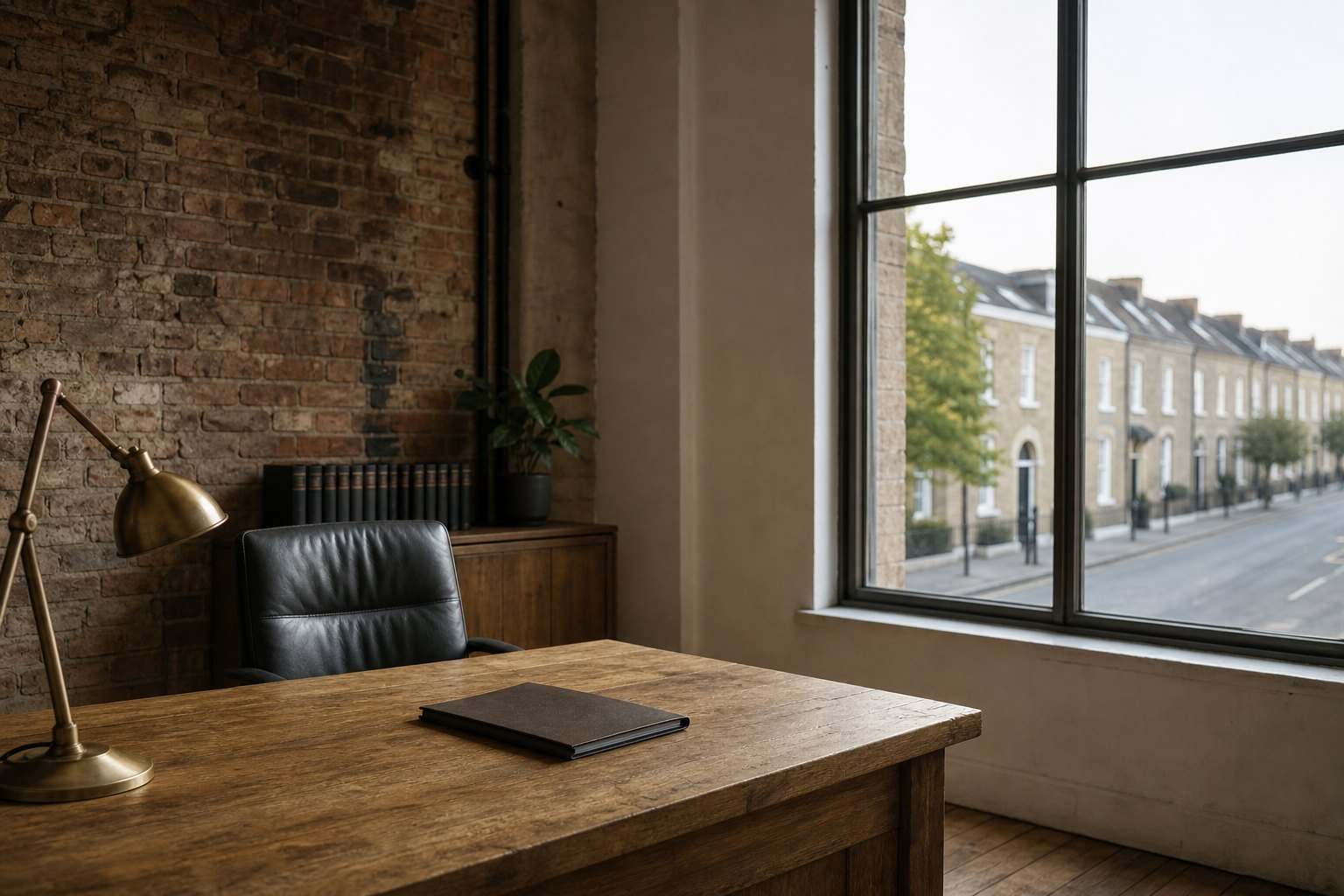 A quiet office with a timber desk and a window onto a terrace street